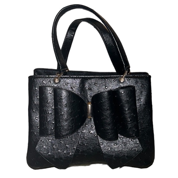 Crossi Black Faux Ostrich Leather Bow Detail Handbag - Picture 3 of 15